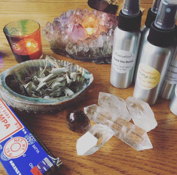 Image of aura soma spray, crystals and incense