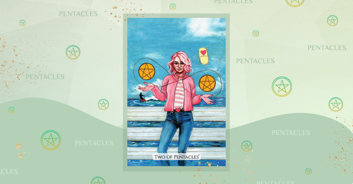 The Two of Pentacles tarot card, featuring a figure balancing two pentacles with waves beneath their feet, symbolizing adaptability and financial balance.